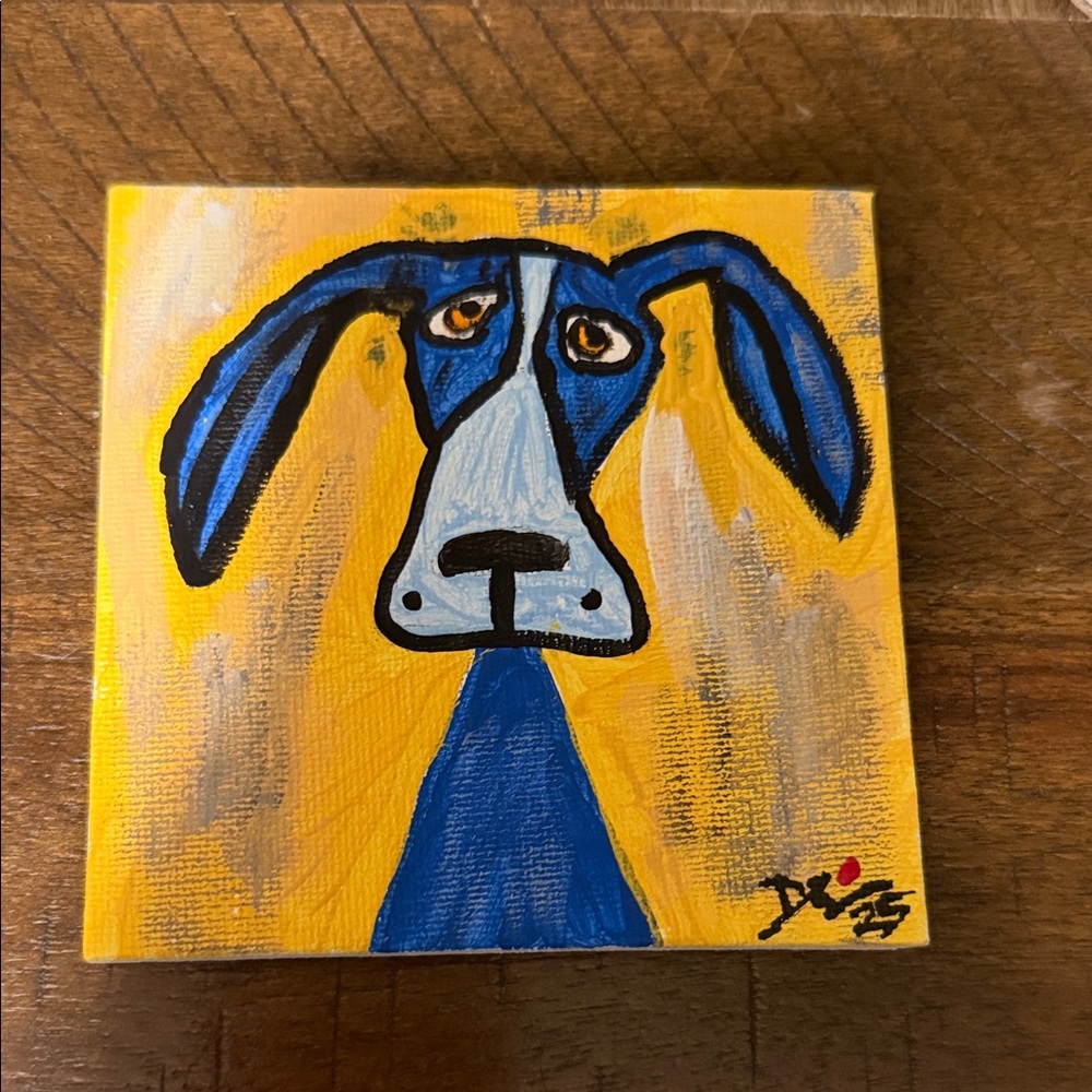 Blue and Yellow Dog Art acrylic on canvas whimsical ERNEST